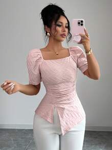 Elenzga 女士优雅方领褶皱腰短袖粉色T恤，夏季时尚 - 粉色 - 查看 4