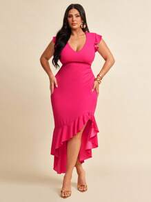 SHEIN BAE Robe moulante d'été à grande taille, col V profond sexy, dos croisé, ourlet asymétrique volupté, rose/rouge rose, tenue pour femmes