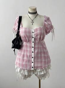 Flirla Fashionable Plaid Bustier Shirt With Plaid Fabric, Waist Gathered Puff Sleeves Vacation - Multicolor - View 1