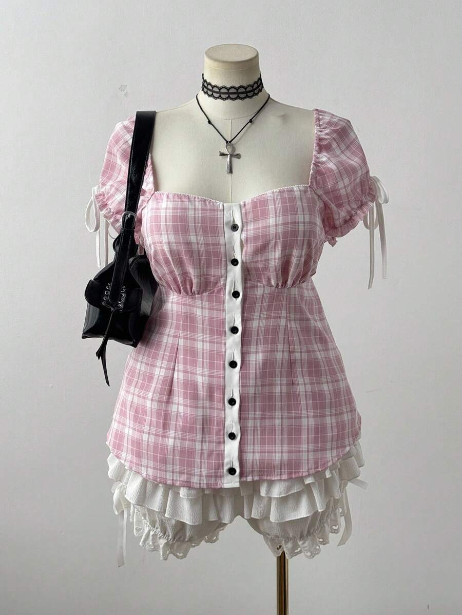 Flirla Fashionable Plaid Bustier Shirt With Plaid Fabric, Waist Gathered Puff Sleeves Vacation - Multicolor - View 1