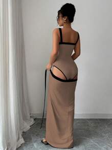 Chiquease 优雅撞色装饰吊带背心连体裤，搭配不对称系带下摆裙，女式两件套 - 棕色 - 查看 2