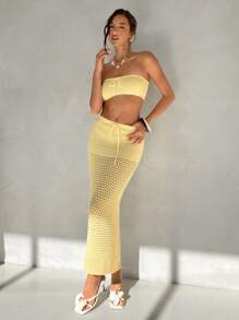 Aloruh 2pcs Women Set - Solid Color Elegant Beachwear Vacation Knitwear Sexy Perspective Butter Yellow Suit Can Be Worn With Bikini Front Tie Cropped Tube Top And Knitted Midi Skirt - Yellow - View 2