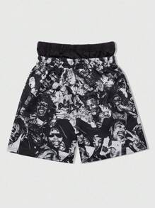 ROMWE MEN Street Life Pantalones cortos deportivos para hombre con estampado de nombres de ciudades urbanas y ramas de árbol sin hojas, de marca, aptos para uso diario, primavera y verano - Negro - Ver 2