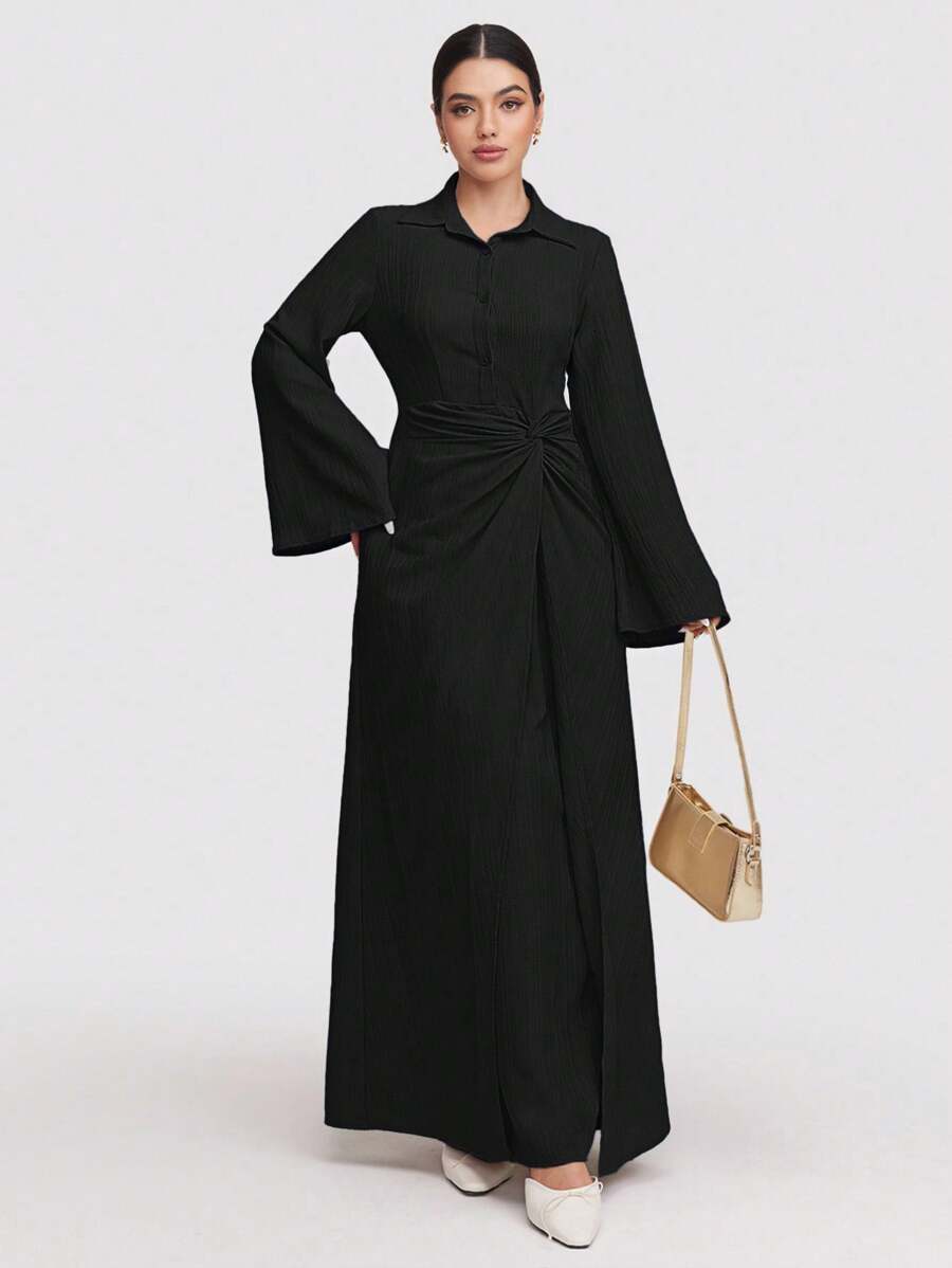 Veilorie 1 件女式超长纯色连衣裙，简约时尚休闲日常穿着 - 黑色 - 查看 1