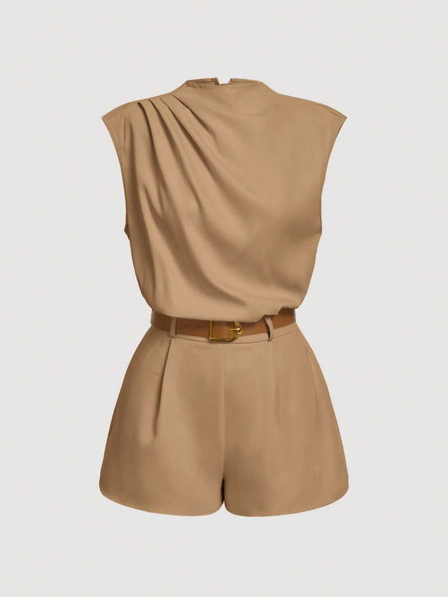 SHEIN MOD HIGH NECK SOLID POCKET JUMPSUIT WITH BELT - Camel - View 1