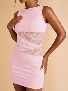 SHEIN BAE 夏季女式黑色优雅蕾丝拼接真丝长裙，优雅女装，派对女装，新年女装，黑色女装， - 珊瑚粉 - 查看 1