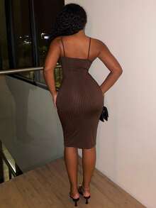 Alexandranx Ribbed Knit Slim Fit Cami Dress,Prom Dress - Brown - View 2