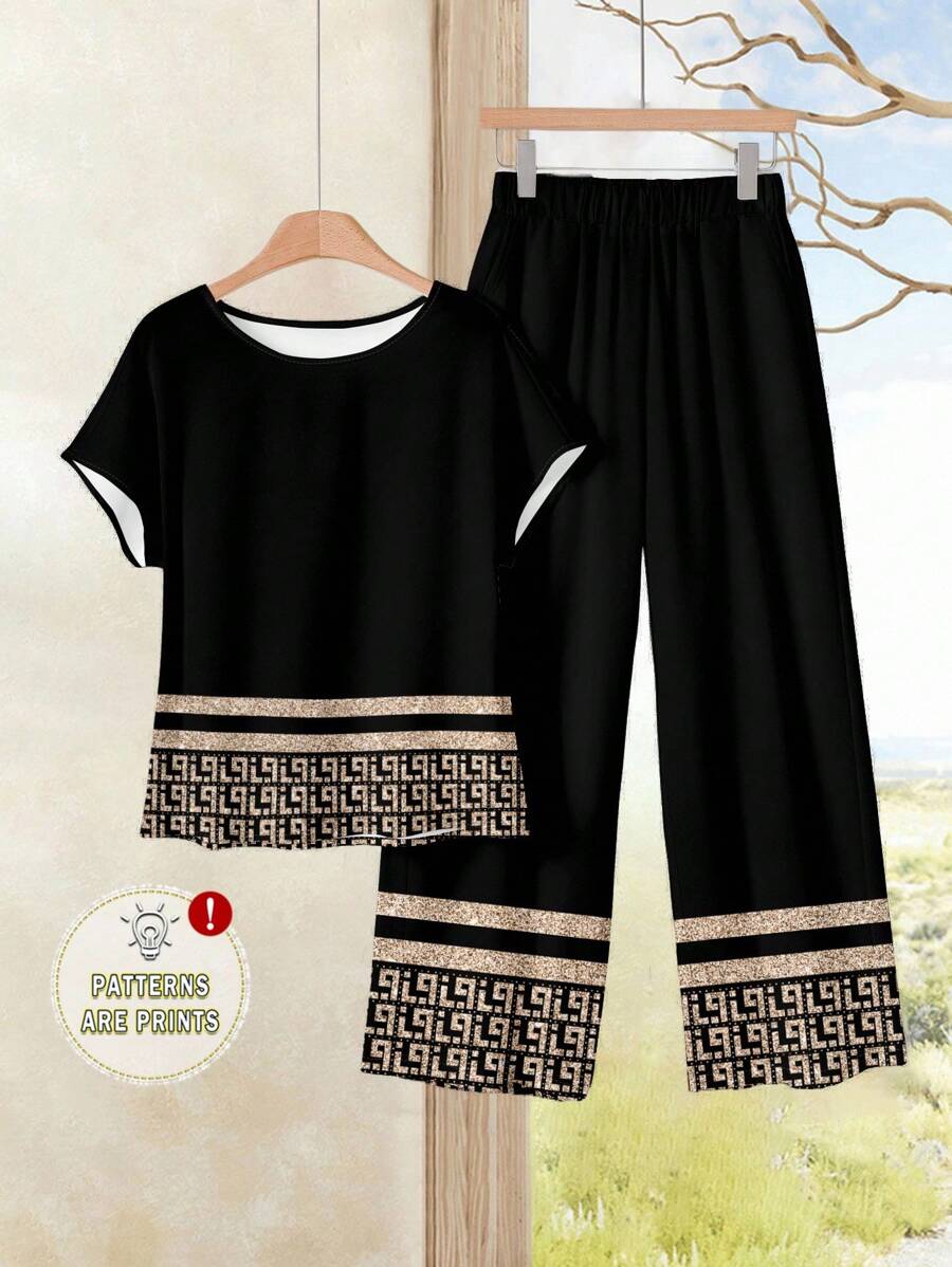 EMERY ROSE 2pcs/Set Women Casual Retro Pattern Short Sleeve T-Shirt And Loose Pants Set, Versatile For Spring & Summer Suitable For Going Out