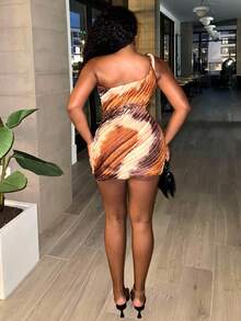 Alexandranx Robe mini femme à un épaule avec nœud torsadé tie dye