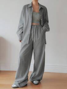 Dazy-Less Conjunto informal de 2 piezas para mujer para primavera/verano - Blusa holgada a rayas/cuadros y pantalones rectos para oficina/vacaciones, conjunto de ropa de estar en casa para mujer de negocios casuales - Blanco y Negro - Ver 1