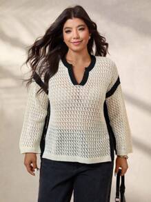 Calvaya Plus Size Contrast Color Trim Sheer Casual Pullover Sweater Knit Pullover Fall Winter