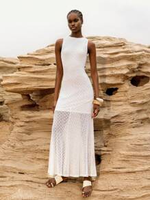 Lumivelle Elegant White Women's Sleeveless Knitted Maxi Dress With Stand Collar And Semi-Sheer Detail - White - View 3