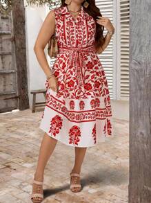 SHEIN Holidaya Women's Casual & Elegant Floral Print Lapel Sleeveless Belted Midi Dress, Street Style, Garden, Resort, Plus Size, Summer