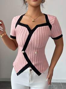 Elenzga 女式复古拼色不对称设计短袖T恤 - 粉色 - 查看 3