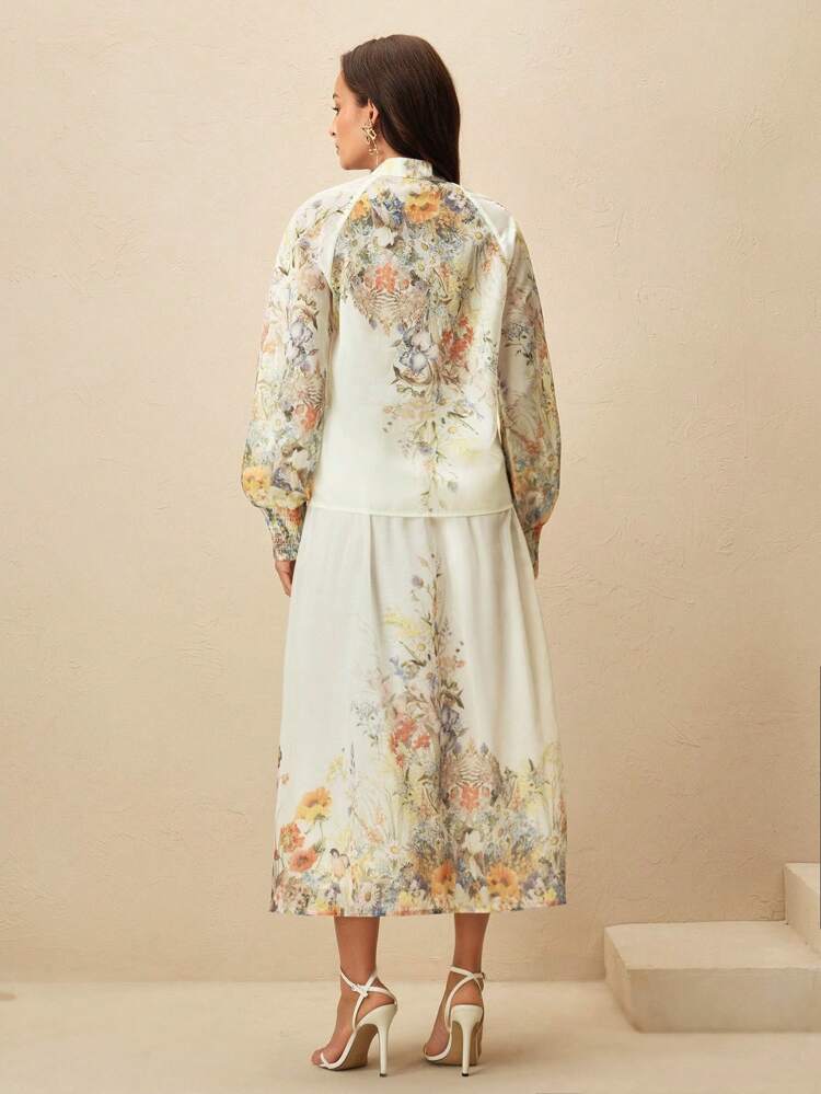 2 Pieces Set: Stand Collar Lantern Sleeve Printed Top + Skirt, Elegant & Graceful, European & American Style, 2025 New Arrival