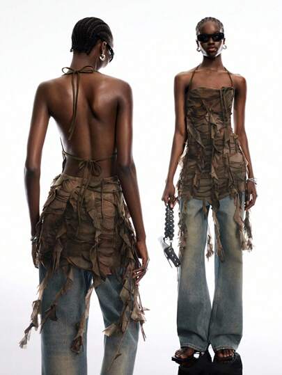 LYSMO 2025 New Arrival Spring-Summer Women's Post-Apocalyptic Style Vintage Distressed Tie-Dye Print Ruffled Asymmetrical Long Slim Halter Neck Camisole For Vacation Outfits And Vintage Casual Partywear