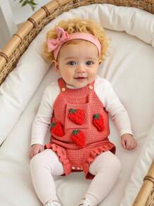 SHEIN Baby Girl Cute Cartoon Strawberry Knitted Bodysuit For Outerwear Fall Winter - Red - View 1