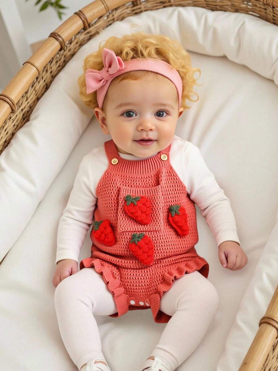 SHEIN Baby Girl Cute Cartoon Strawberry Knitted Bodysuit For Outerwear Fall Winter - Red - View 1