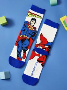 SUPERMAN X SHEIN 3 双棉质条纹卡通男童中筒袜，加固脚趾和脚跟，经久耐用，适合上学和日常穿着，蓝色