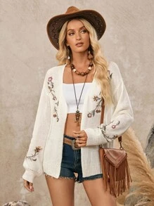 LanaWest Damen Einfarbig Blumen Muster Lässiger Westernstil Cardigan Pullover