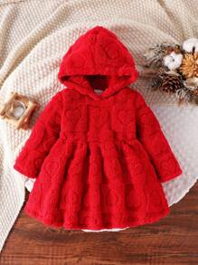 Vestido Confortável e da Moda para Meninas Pequenas, Manga Longa com Capuz Fofo Vermelho com Coração de Pelúcia, Outono/Inverno
