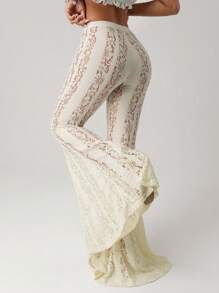 SHEIN ICON Women's White Y2K Sexy Low Waist Full Lace Exaggerated Flared Leg Skinny Tight Fitting Sexy Pants - White - View 1