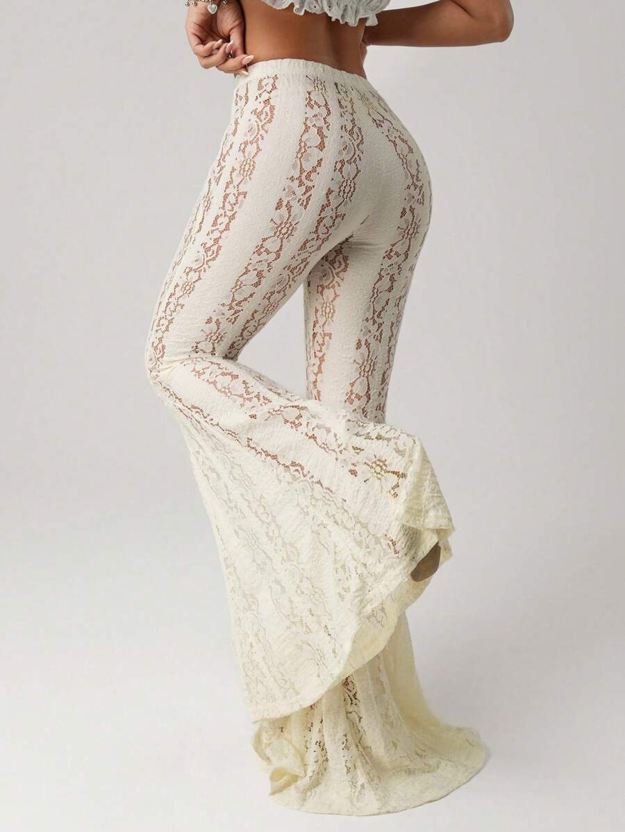 SHEIN ICON Women's White Y2K Sexy Low Waist Full Lace Exaggerated Flared Leg Skinny Tight Fitting Sexy Pants - White - View 1
