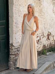SHEIN ICON Linen Halter Neck Tie Backless V-Neck Vacation Style Minimalist A-Line Maxi Dress For Women - Khaki - View 4