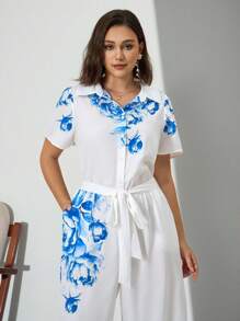 Chikora Plus Size Women Elegant Placement Blue And White Printed Jumpsuit,Ommuting And Pairing With Summer Clothes, Graduation Outfit,Ruffle,Work Outfits For Women - Blue and White - View 4