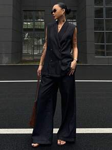 DAZY 女士夏季无袖翻领双排扣牛仔背心和宽松休闲长裤两件套服装套装，休闲牛仔套装 - 深色水洗藍 - 查看 5