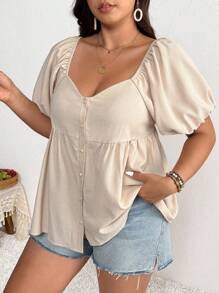 SHEIN Frenchy Áo sơ mi nữ cỡ lớn có cổ trái tim, áo sơ mi tay bồng vải có họa tiết, tay ngắn có nút cài phía trước, áo sơ mi màu mơ cỡ lớn cho kỳ nghỉ, đi chơi, hẹn hò, mặc hàng ngày - Màu be - Xem 3