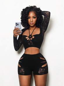 BamGleam 1 Bộ đồ nữ áo crop top tay dài lưới gợi cảm và quần short - màu đen - Xem 4