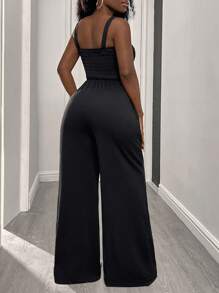 INAWLY 實色大尺碼背帶連體褲，有口袋，寬肩帶，無袖，適用於夏季 - 黑色 - 查看 2