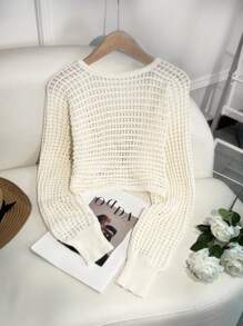 SHEIN LUNE Áo len mỏng nhẹ cho nữ, tay cánh dơi khoét rỗng, áo len cardigan mỏng mùa hè - Màu be - Xem 2