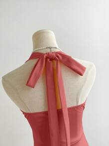 Elamini Summer Elegant Solid Color Backless Halter Fishtail Dress - Rose Red - View 7