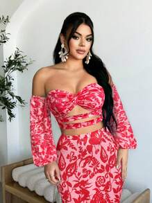 SHEIN SXY 女式花卉印花露肩扭花灯笼袖镂空性感衬衫，度假风格 - 玫紅色 - 查看 6