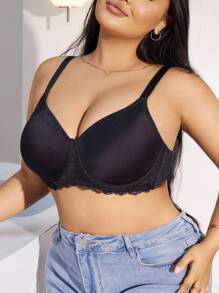 SHEIN 1pc No Wire No Pad Underwire Support Push-Up Plus Size Lace Splicing Bra - Black - View 4
