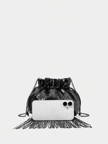 SHECARRY 时尚女士纯色亮片流苏斜挎包 - 黑色 - 查看 9