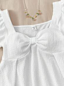 SHEIN 少女夏日阳光甜美休闲舒适荷叶边袖提花针织T恤，适合居家、可爱、青少年、情人节、派对