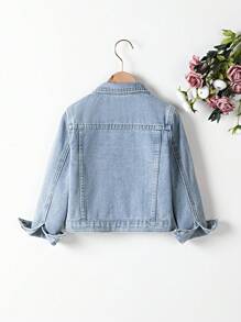 Giacca di jeans per ragazze, giacca casual alla moda di tutti i giorni per esterni con fiocco floreale, design a cuore e lettera, con colletto a bavero, maniche lunghe in denim