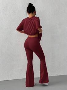 SHEIN EZwear 2pcs/Set Women Casual Loose Short Sleeve Top And Flare Pants Set - Burgundy - View 2