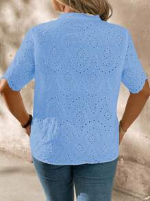 SHEIN LUNE Plusstorlek Dam Fritidsblus med kammusslad kant, kortärmad - Blå - Visa 2