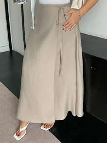 Dazy Plus Váy dài mùa hè dáng rộng có dây rút màu trơn cỡ lớn - Màu Khaki - Xem 8