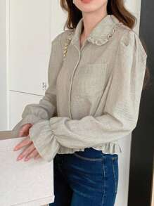 DAZY Women's Ruffled Collar Long Sleeve Tie-Front Fitted Casual Shirt