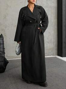 SHEIN EZwear 加大码双排扣纯色休闲长袖长款风衣加大码超大外套 - 黑色 - 查看 5