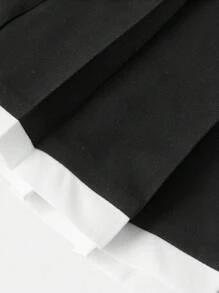 SHEIN 青少年女孩梭织撞色镶边短袖上衣和褶边裙优雅两件套 - 黑與白 - 查看 10