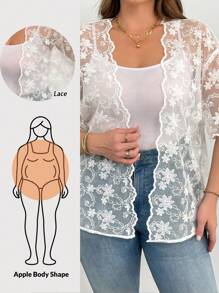 SHEIN Essnce Plus Size Women's Summer Elegant White See-Through Cardigans,Embroidered Short-Sleeved Lace Tops,Tea Party Tops - Beige - View 1