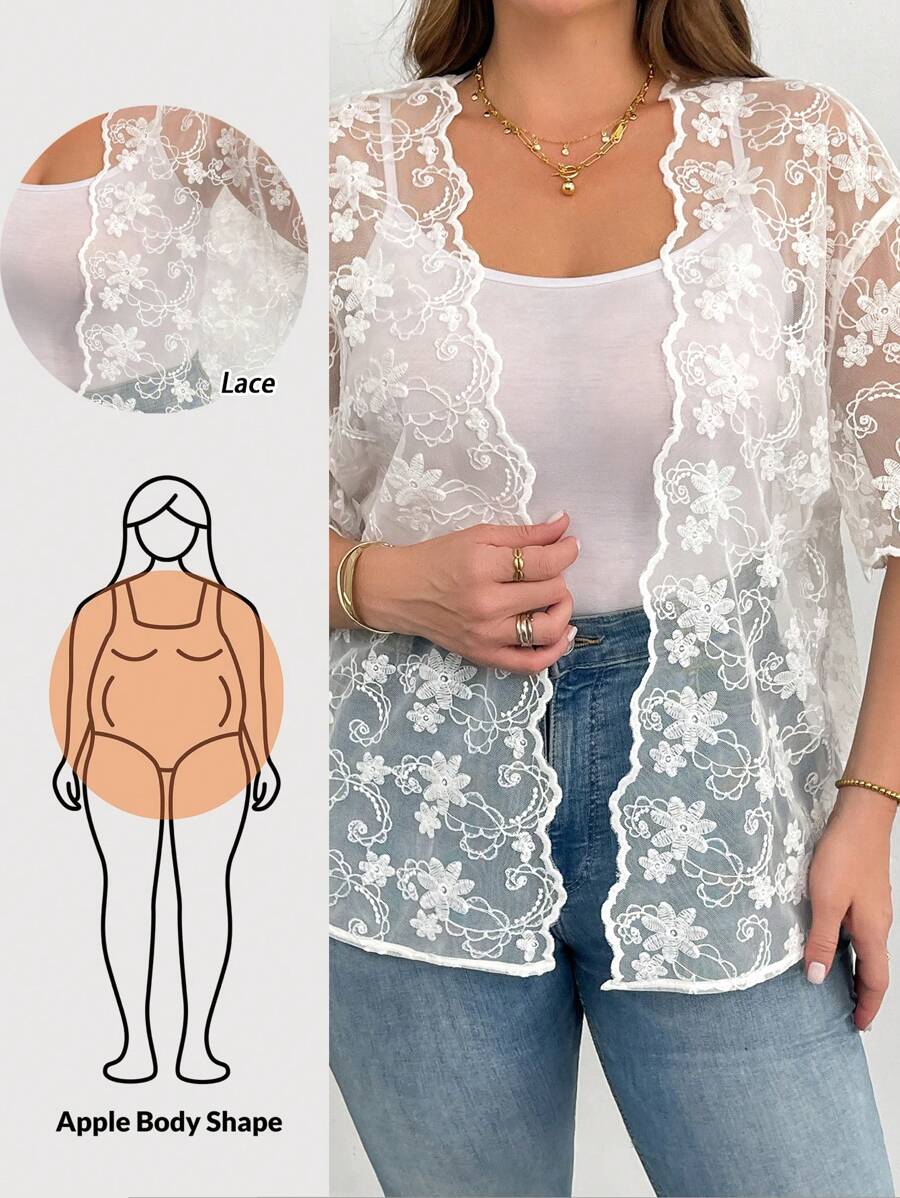 SHEIN Essnce Plus Size Women's Summer Elegant White See-Through Cardigans,Embroidered Short-Sleeved Lace Tops,Tea Party Tops - Beige - View 1