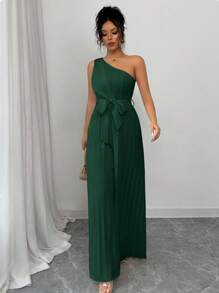 Elenzga Elegant Apricot Color One Shoulder Ruched Jumpsuit For Women, Christmas - Dark Green - View 6