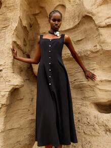 Lumivelle Women's Summer Solid Sweetheart Neckline Sleeveless Elegant Dress With Buttons - Black - View 3